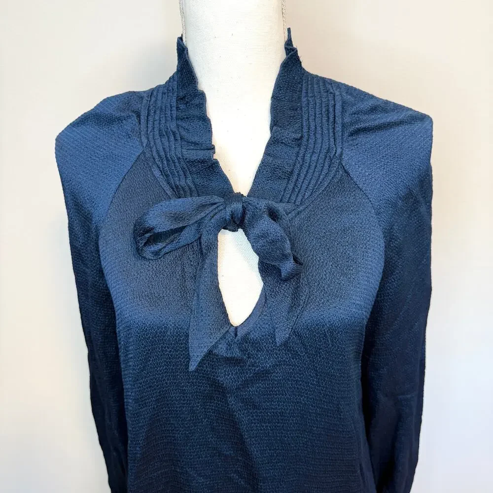 Sandro Paris Long Sleeve Tie Neck Flounce Hem Mini Dress In Navy Blue Size 36